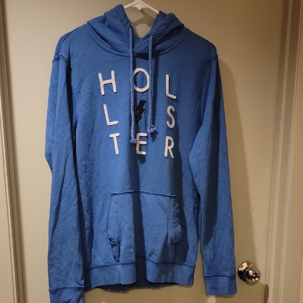 ⭐️ Hollister Men’s Blue Spell Out Hoodie Size M – Vintage Wash Fleece Pullover